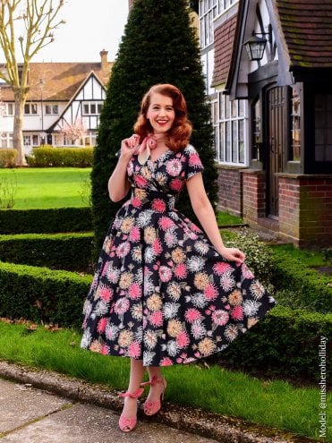 Grace Chrysanthemum Black Sateen Dress