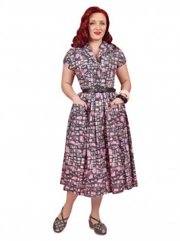 40s-1940s-50s-1950s-Vivien-of-Holloway-Best-Vintage-Reproduction-Swing-Rockabilly-Pinup-Kitty-Day-Dress-Grey-Pink-Square-Print-Novelty