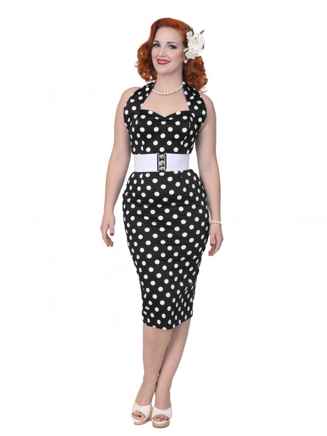 Halterneck Pencil Dress Black White Polka