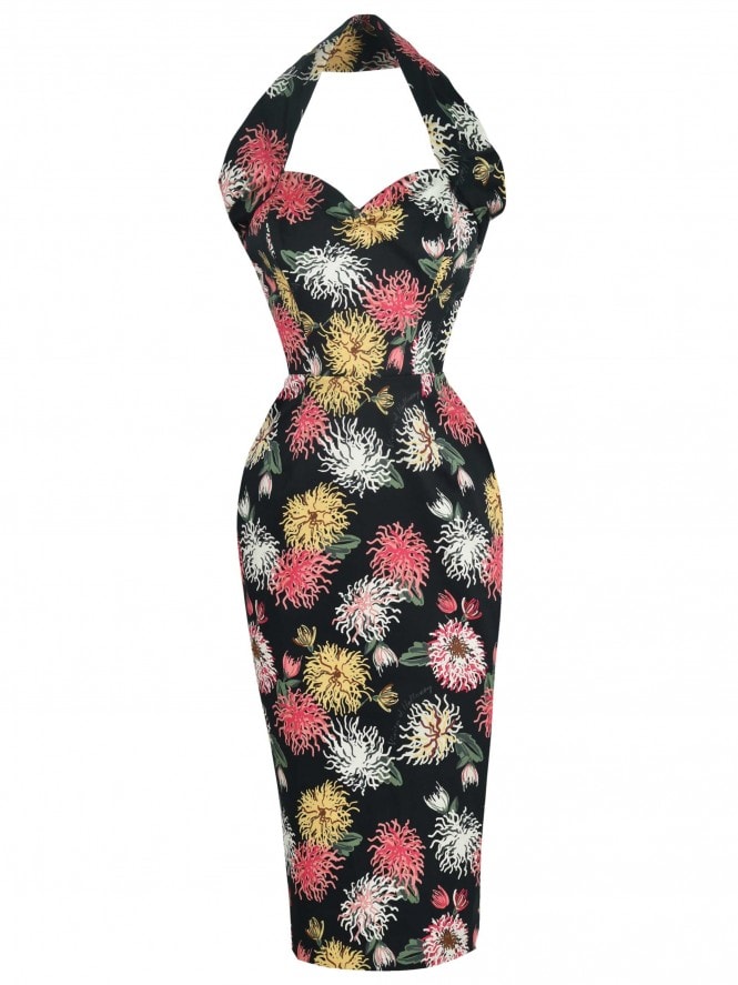 Halterneck Pencil Dress Chrysanthemum Black