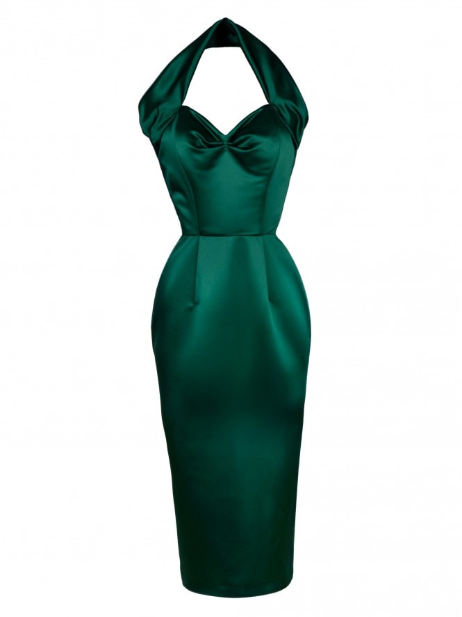 Halterneck Pencil Dress Duchess Bottle Green
