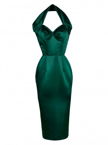 Halterneck Pencil Dress Duchess Bottle Green