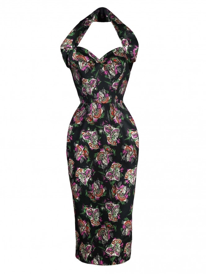 Halterneck Pencil Dress Fan Midnight