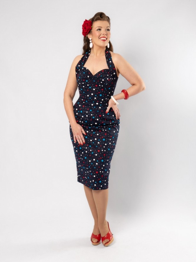 Halterneck Pencil Dress Multi Spot Navy