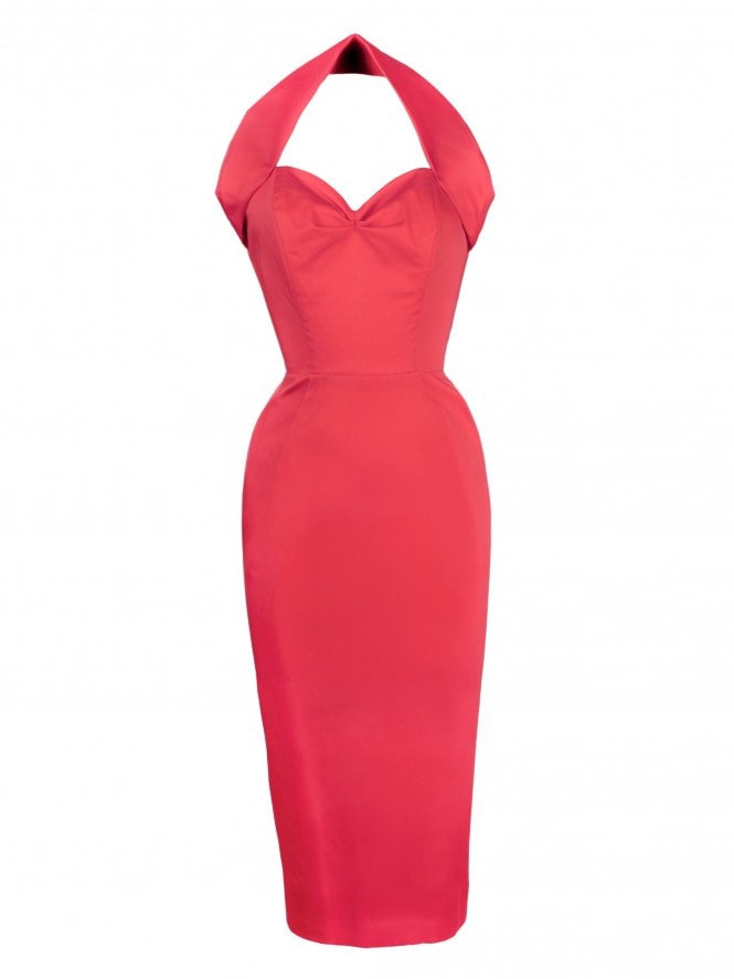 Halterneck Pencil Dress Sateen Coral