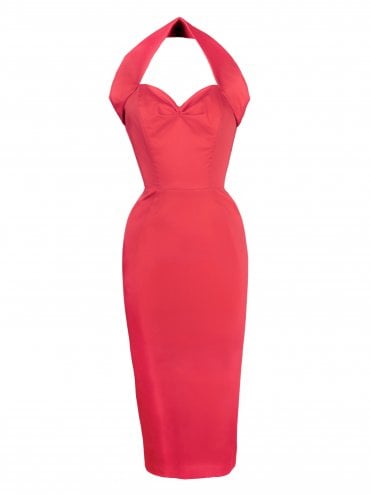 Halterneck Pencil Dress Sateen Coral