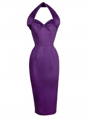 Halterneck Pencil Dress Sateen Purple