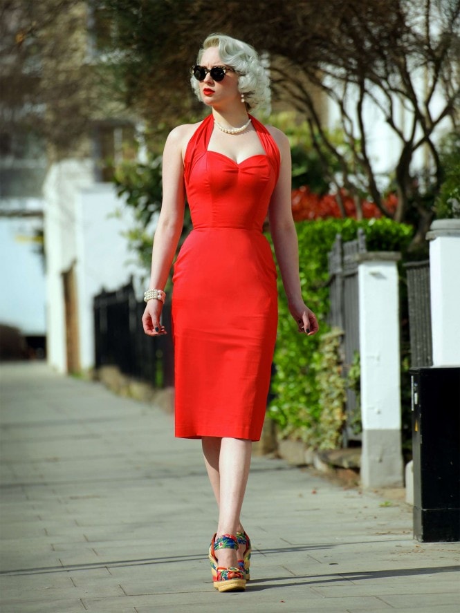 Halterneck Pencil Dress Sateen Red