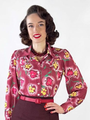 JoJo Blouse Long Sleeve Floral Spray Cherry
