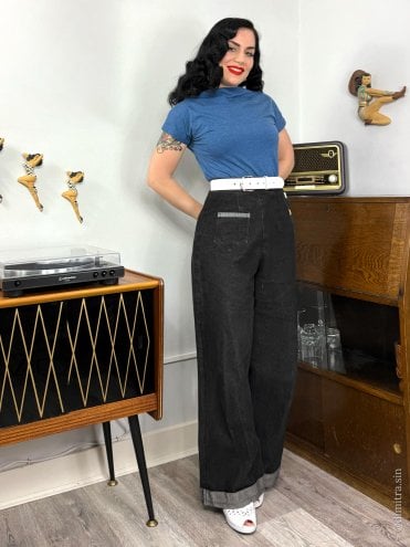 40s-1940s-Vivien-of-Holloway-Best-Vintage-Reproduction-Black-Denim-Jeans-Swing-Trousers-Rockabilly-Pinup