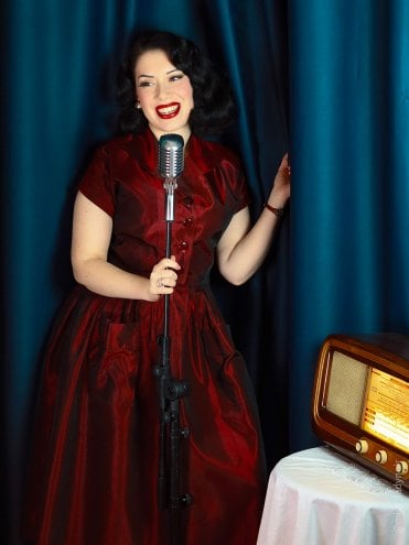 40s-1940s-50s-1950s-Vivien-of-Holloway-Best-Vintage-Reproduction-Swing-Rockabilly-Pinup-Kitty-Day-Dress-burgundy-Taffeta-Print