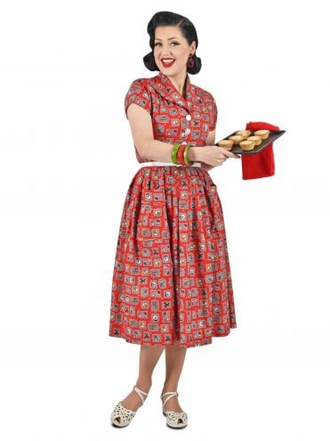 40s-1940s-50s-1950s-Vivien-of-Holloway-Best-Vintage-Reproduction-Swing-Rockabilly-Pinup-Kitty-Day-Dress-Red-Christmas-Novelty-Print