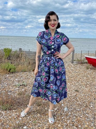 40s-1940s-50s-1950s-Vivien-of-Holloway-Best-Vintage-Reproduction-Swing-Rockabilly-Pinup-Kitty-Day-Dress-Mexican-Novelty-Floral-Spray-Blue