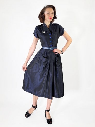 40s-1940s-50s-1950s-Vivien-of-Holloway-Best-Vintage-Reproduction-Swing-Rockabilly-Pinup-Kitty-Day-Dress-navy-blue-Taffeta-Print