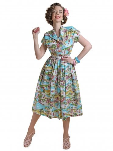 40s-1940s-50s-1950s-Vivien-of-Holloway-Best-Vintage-Reproduction-Swing-Rockabilly-Pinup-Kitty-Day-Dress-Blue-Novelty-Print-Riviera