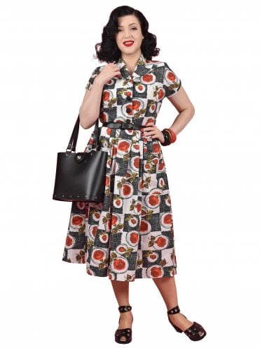40s-1940s-50s-1950s-Vivien-of-Holloway-Best-Vintage-Reproduction-Swing-Rockabilly-Pinup-Kitty-Day-Dress-Rose-Scribble-Novelty-Floral-Red-White-Print