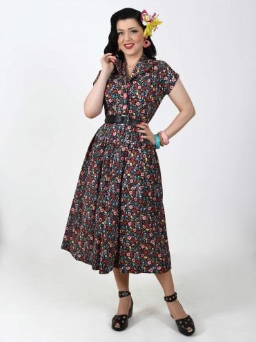  40s-1940s-50s-1950s-Vivien-of-Holloway-Best-Vintage-Reproduction-Swing-Rockabilly-Pinup-Kitty-Day-Dress-Skeleton-Novelty-Day-Of-The-Dead-Print-Black