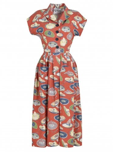 40s-1940s-50s-1950s-Vivien-of-Holloway-Best-Vintage-Reproduction-Swing-Rockabilly-Pinup-Kitty-Day-Dress-Mexican-Novelty-Sombrero-Large-Rust-Print