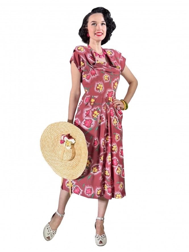 Lana 1940s Dress Floral Spray Cherry