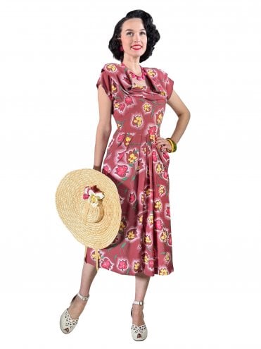 Lana 1940s Dress Floral Spray Cherry