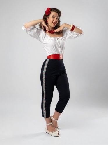 Navy Gingham Rose 1950s Matador Pants Cropped high-waist trousers with retro trim detail