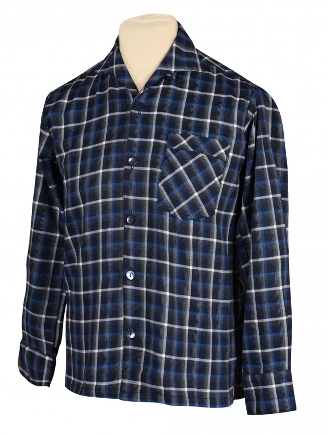 Men Long-Sleeved Plaid Navy Shirt