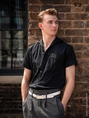 Men Short-Sleeved Shirt Linen-Look Black
