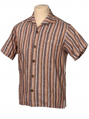 1950s men's short sleeve rockabilly jive shirt Brown Stripe Linen Summer inspired by vintage style