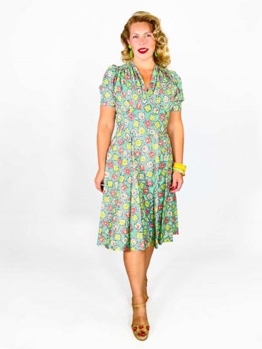 50s-1950s-Vivien-of-Holloway-Best-Vintage-Reproduction-Nazare-dress-tea-dress-Cotton-Rockabilly-Swing-Pinup-green-flower