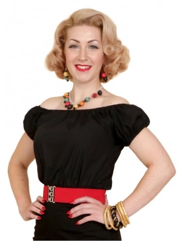 Summer Black Peasant top with off-the-shoulder neckline and with elasticated sleeves inspired by 1950s fashion