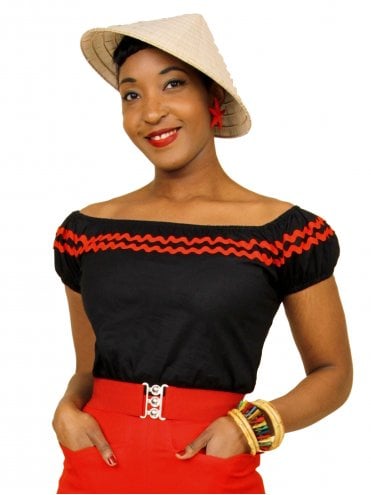 1940s-50s-1950s-Vivien-of-Holloway-Best-Vintage-Reproduction-Rockabilly-Swing-Pinup-Cotton-Peasant-Top-Black-Red-Trim