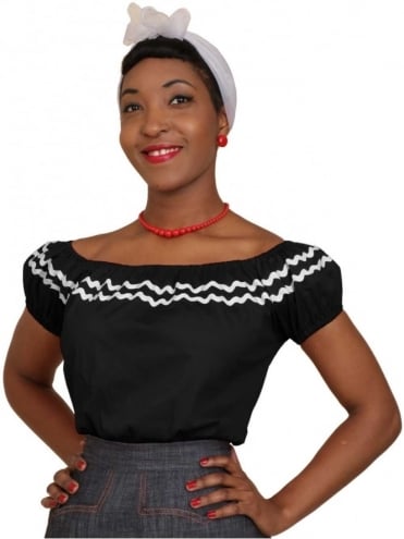 Summer Black with white trim Peasant top with off-the-shoulder neckline and with elasticated sleeves inspired by 1950s fashion