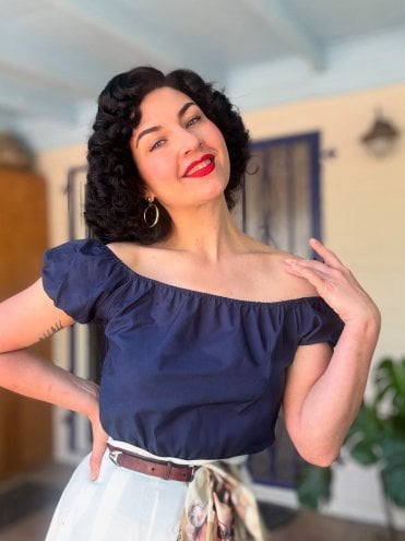 1940s-50s-1950s-Vivien-of-Holloway-Best-Vintage-Reproduction-Rockabilly-Swing-Pinup-Cotton-Peasant-Top-Navy-Blue-Cotton