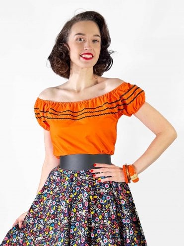 1940s-50s-1950s-Vivien-of-Holloway-Best-Vintage-Reproduction-Rockabilly-Swing-Pinup-Cotton-Peasant-Top-Orange-Black