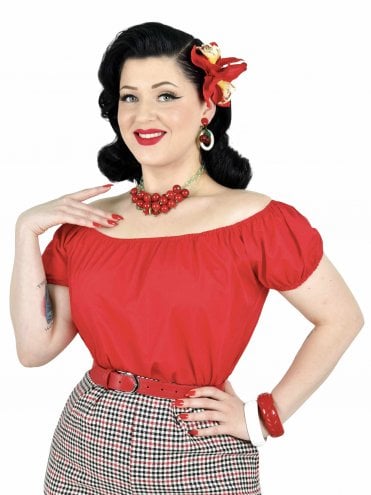 1940s-50s-1950s-Vivien-of-Holloway-Best-Vintage-Reproduction-Rockabilly-Swing-Pinup-Cotton-Peasant-Top-Red