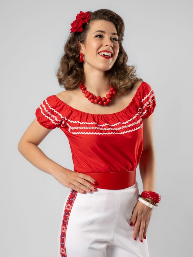 Peasant Top Classic Red Triple White Trim