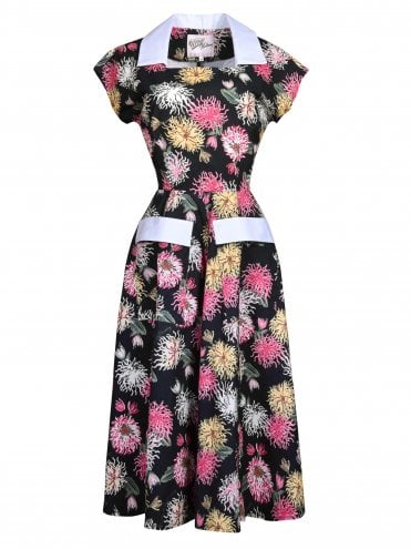50s-1950s-Vivien-of-Holloway-Best-Vintage-Reproduction-Pegg-Lee-Dress-Cotton-Rockabilly-Swing-Pinup-black-floral-pink-yellow