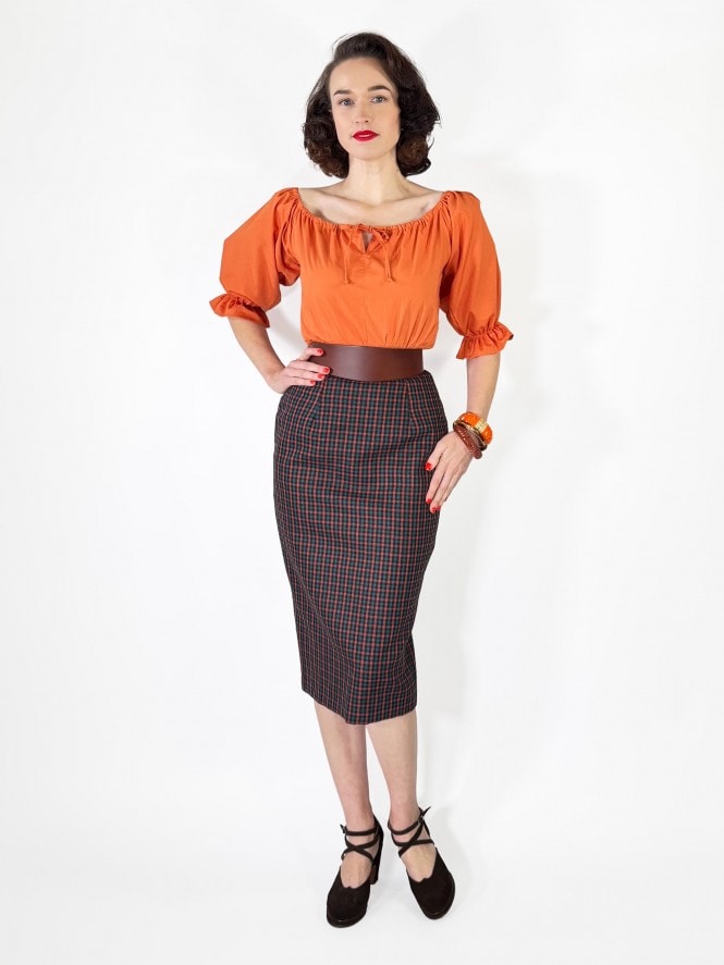 Pencil Skirt Orange Green Check