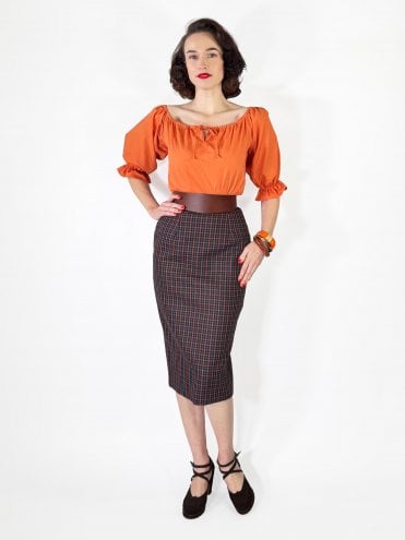 Pencil Skirt Orange Green Check