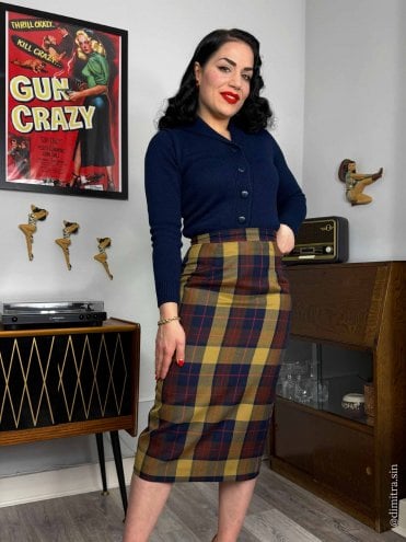 50s-1950s-Vivien-of-Holloway-Best-Vintage-Style-Reproduction-Pencil-Tartan-Mustard-Rockabilly-Swing-Pinup