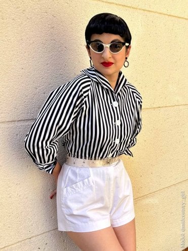 Candy Stripe Black and White 1950s classic Raglan Blouse in cotton for a chic office look