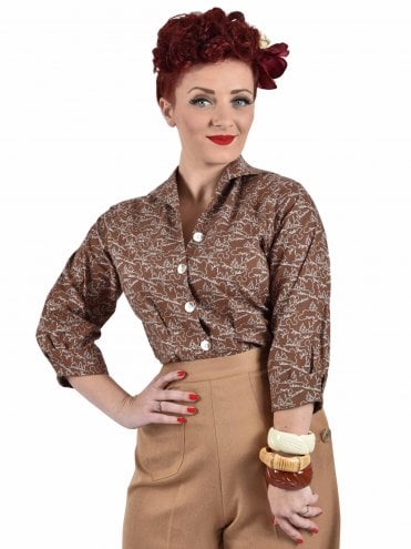 50s-1950s-Vivien-of-Holloway-Best-Vintage-Reproduction-Rockabilly-Swing-Pinup-Cotton-Shirt-Raglan-Blouse-Christmas-Print-Brown