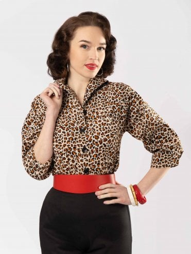 Corduroy Leopard Animal Print 1950s classic Raglan Blouse in cotton for a chic office look