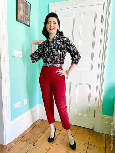 50s-1950s-Vivien-of-Holloway-Best-Vintage-Reproduction-Rockabilly-Swing-Pinup-Cotton-Shirt-Raglan-Blouse-day-of-the-dead-skull-skeleton-mexican-print