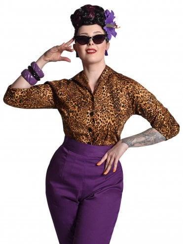 Leopard Animal Print 1950s classic Raglan Blouse in cotton for a chic office look