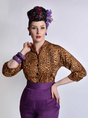 Leopard Animal Print 1950s classic Raglan Blouse in cotton for a chic office look