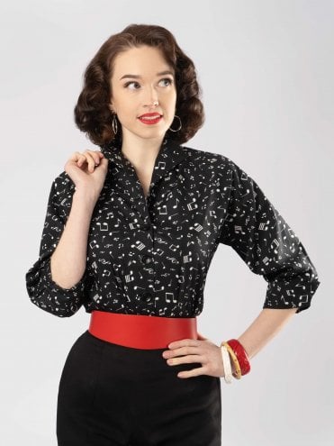 Music Note Print Black 1950s classic Raglan Blouse in cotton for a chic office look