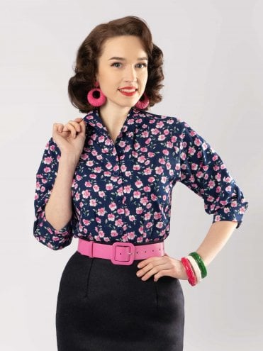 Pansy Floral Navy Pink 1950s classic Raglan Blouse in cotton for a chic office look