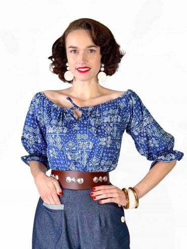 1950s Bandana Blue Western Rosa Peasant Top with puff sleeves and tie front