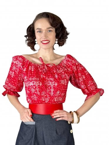 Bandana Red Western 1950s Rosa Peasant Top with puff sleeves and tie front